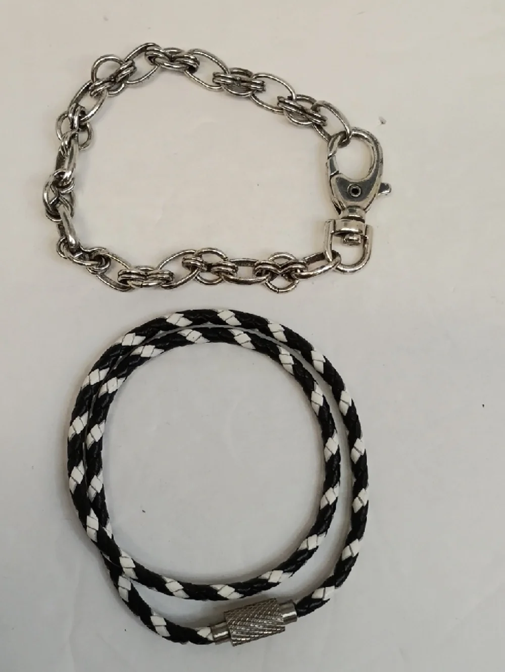 Braided Cord Black White Bracelet Set Magnetic Clasp Chain Link Silver Tone